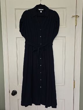 Navy Button-Front Midi Dress with Tie Waist